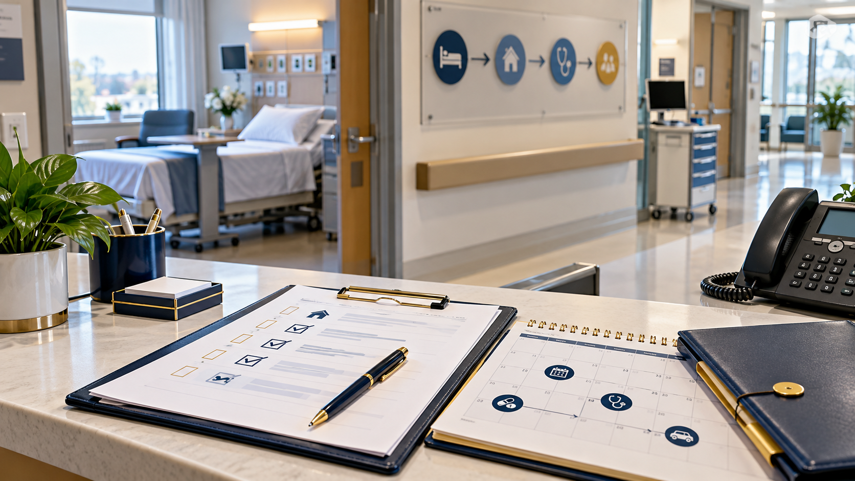 Transitional care workflow showing a hospital-to-home pathway with follow-up planning materials.