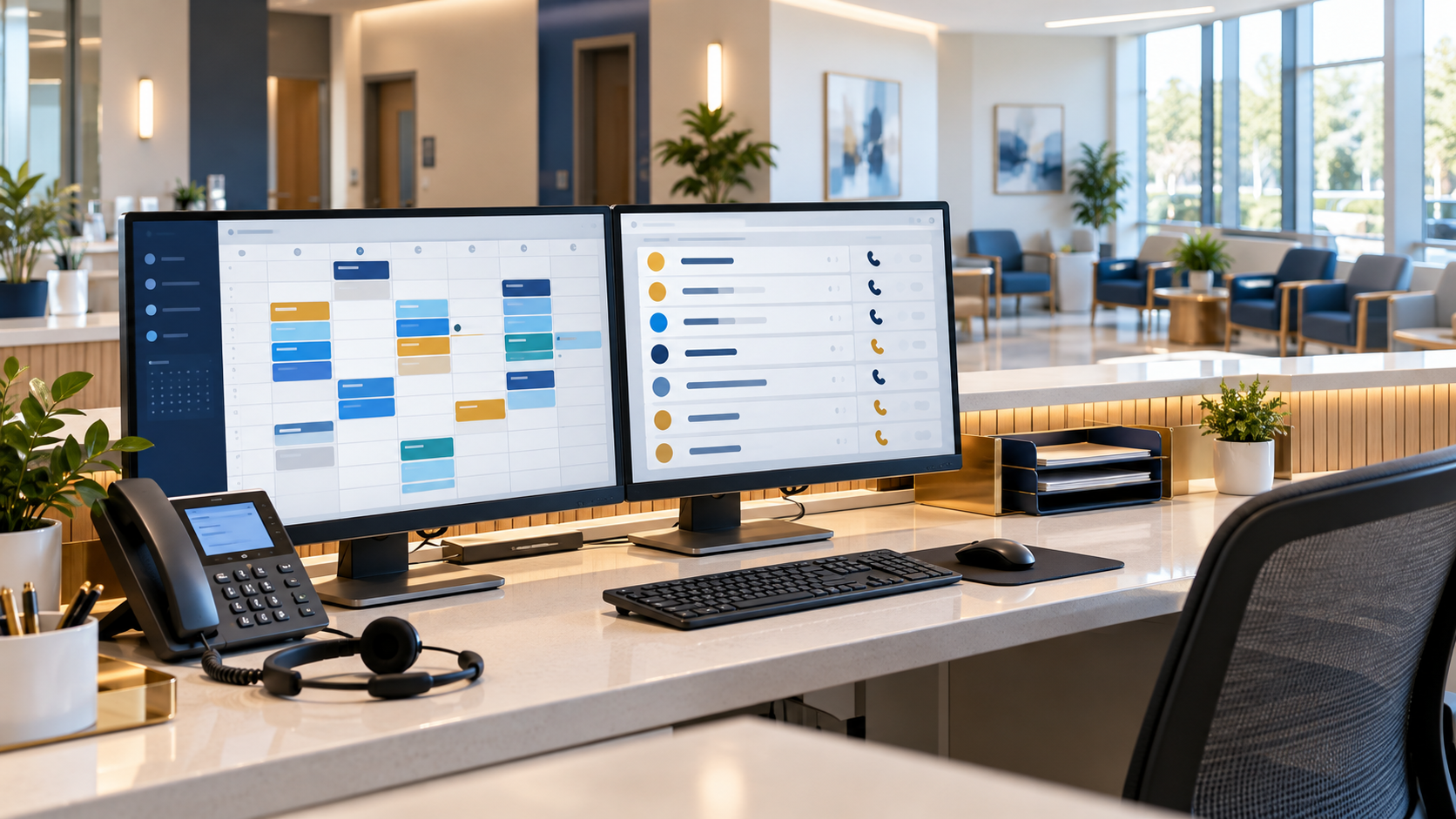 Patient access operations desk with scheduling and call-management screens in a clinic setting.